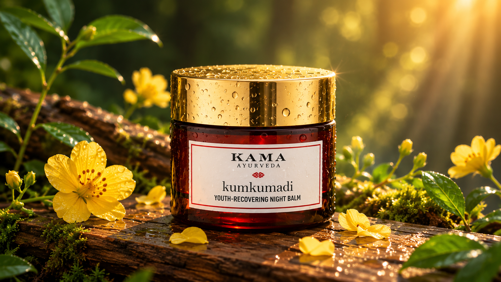 Luxury skincare bottle on a rustic wooden plank in a forest with warm sunlight and dew droplets